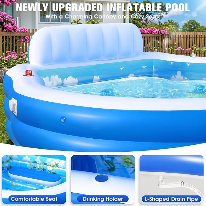 2026 Upgraded Inflatable Pool with Canopy, Inflatable Family Lounge Pool, Round Blow Up Pool for Adult with Bench & Backrest, Swim Center Easy Backyard Pools for Adults, 90"x90"x80", Light Blue