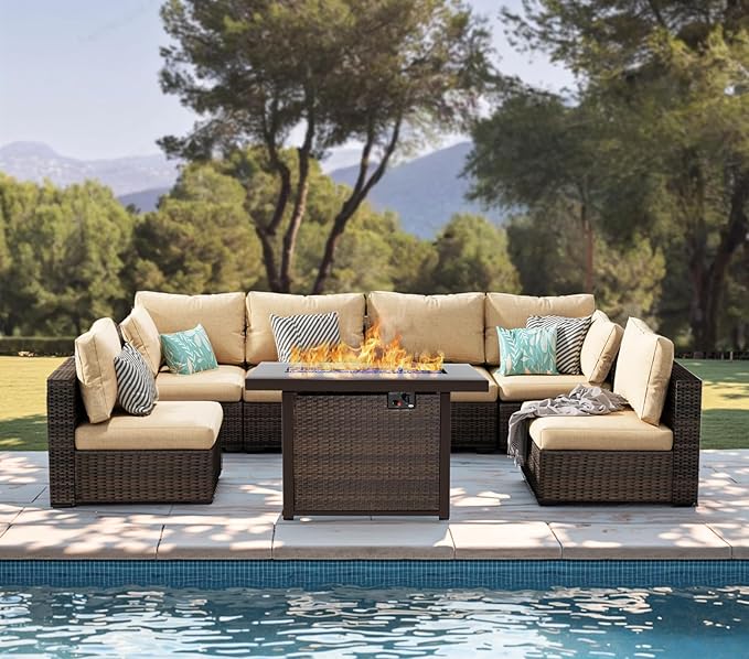 Grezone Patio Furniture Set,7 Piece Patio Furniture Set with Fire Pit Table,PE Wicker Rattan Sectional Sofa Patio Conversation Set with Thickened Cushions, Beige