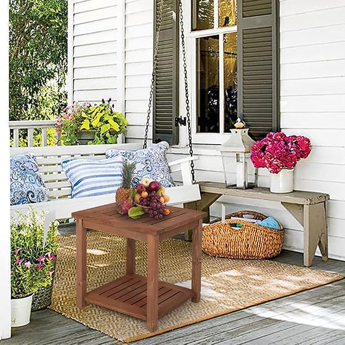 Outdoor Side Table, Carbonized Color Wood 18 inch Poolside Patio Table, Square Coffee Table with Storage Tier for Patio Porch Lawn