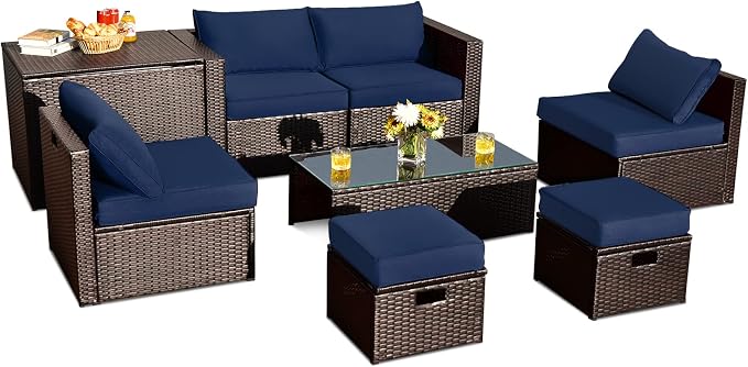 RELAX4LIFE 8-Piece Patio Furniture Set - PE Wicker Conversation Set w/Cushions, Pillows, Tempered Glass Table, Storage Box, Outdoor Sectional Sofa Set for Yard, Deck (Navy Blue)