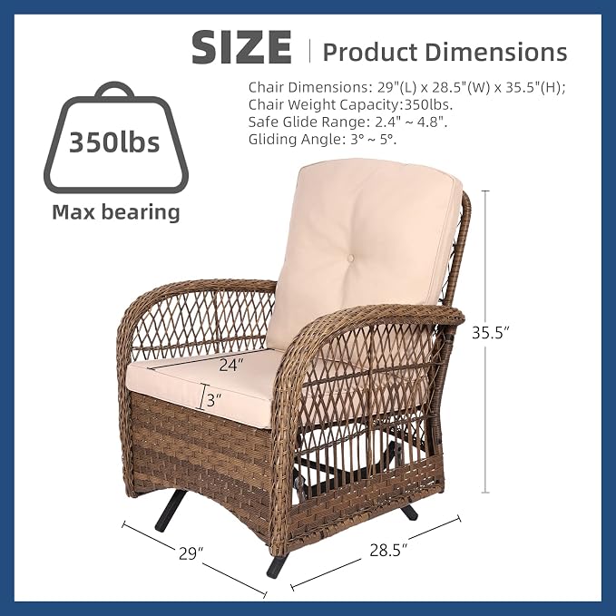 Outdoor Wicker Glider Rocker Chair, Patio Rattan Gliding Rocking Chairs Set of 2 with Thickened Cushions, All-Weather Wicker Furniture Sets for Porch Garden & Backyard