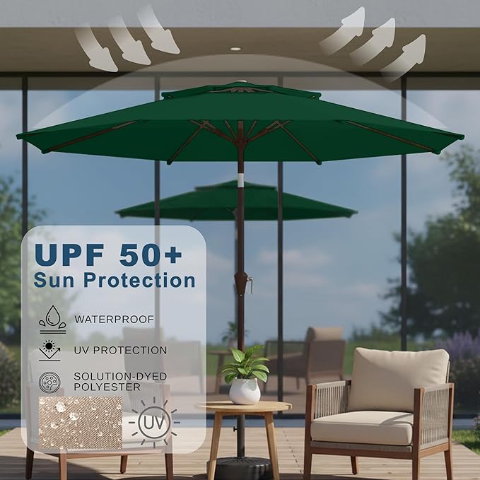 9ft 2-Tiers Patio Umbrella,Outdoor Market Table Umbrella with Push-Button Tilt & Crank | UV Protection,Suit for Backyard,Garden,Pool,Deck(Dark Green)