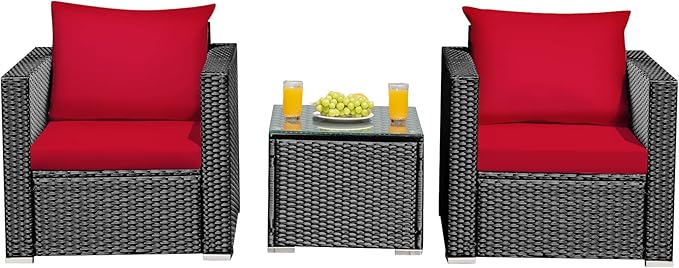 3 Pieces Patio Conversation Set Outdoor Rattan Wicker Furniture Set with Water-Resistant Cushion & Tempered Glass Tabletop, Wicker Chair for Porch, Balcony, Backyard(Red)
