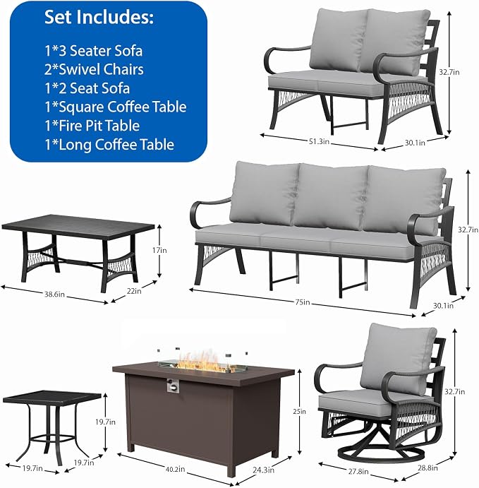 7 Piece Patio Furniture Set, All Weather Metal Outdoor Conversation Set with 50000 BTU Propane Fire Pit Table, 3 Seat Sofa, 2 Swivel Chairs and 5" Cushions for Garden, Porch, Lawn, Grey