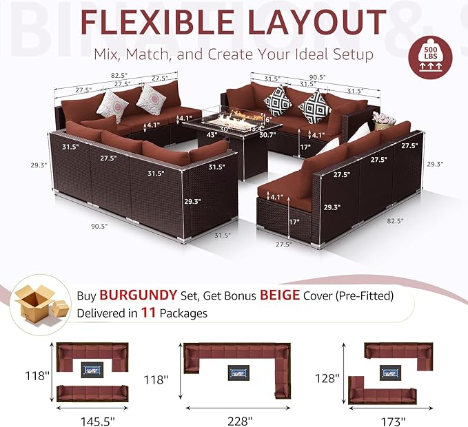 NICESOUL 13 Piece Patio Furniture w/Fireplace, Elegant Outdoor Seating w/Firepit, XL 29.3'' High Back Sectional Sofa, All-Weather Rattan Deck Couch, Modular Sturdy Conversation Set, Brown & Red