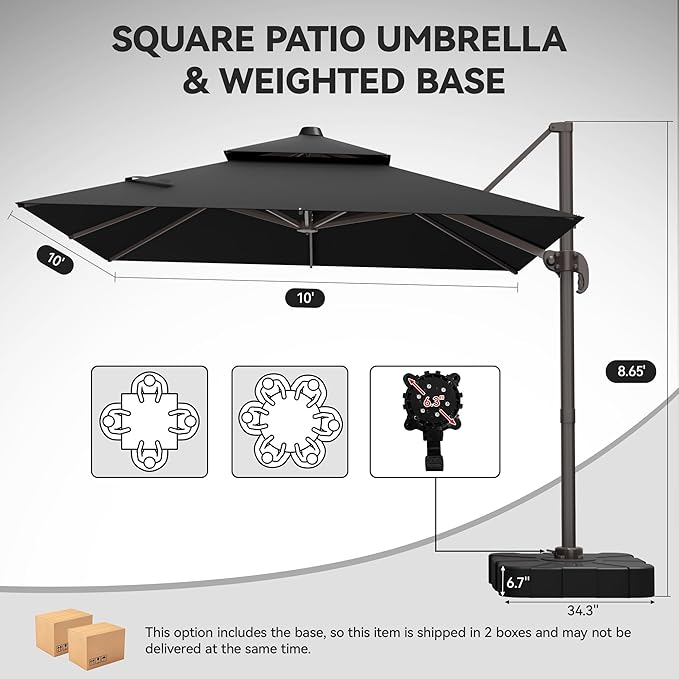 GENTEACO 10X10 FT Cantilever Umbrella with Base Included, Large Offset Patio Umbrella with Double Top, 6 Angle Tilts & 360° Rotation, Large Square Sun Umbrellas for Outdoor Pool Market, Black