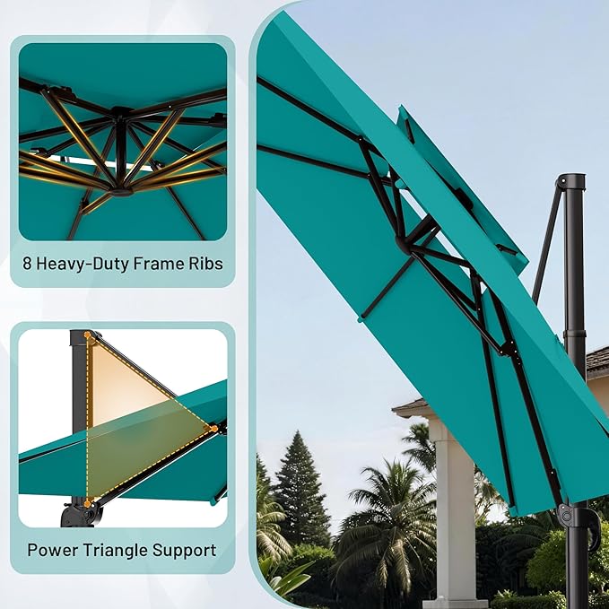 AreShark 10×10FT Double-Top Cantilever Patio Umbrella with Base Included, Offset Umbrella with 360 Degree Rotation, Heavy Duty Patio Umbrella for Garden Deck Pool, 5 Tilt Angles, Turquoise Blue