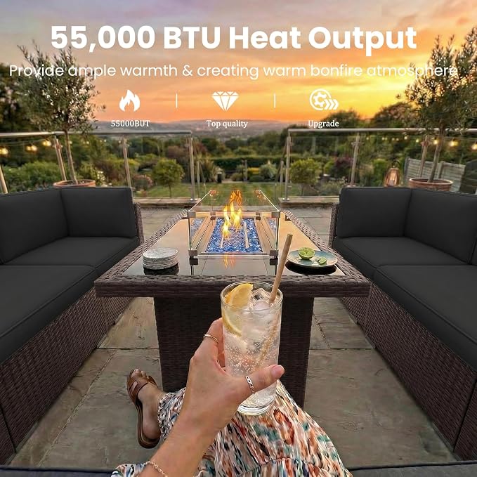 15 Pieces Patio Furniture Set with 44" Propane Gas Fire Pit Table, Outdoor Sectional Brown Rattan Wicker Conversation Sofa Sets with Coffee Table