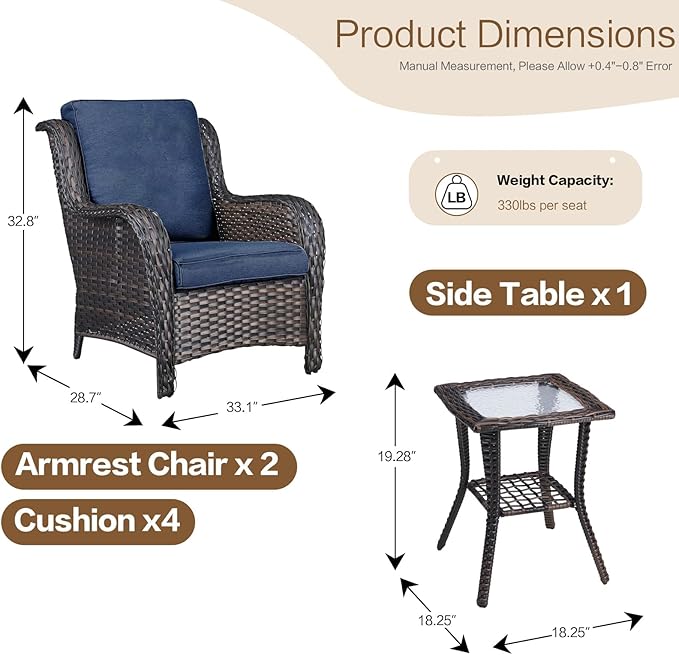 3 Pieces Patio Furniture Conversation Set PE Rattan Wicker Outdoor with 2 Armrest Chair and 1 Coffee Side Table, Soft Thick Washable Cushion for Yard Backyard Poolside (Brown/Navy Blue)