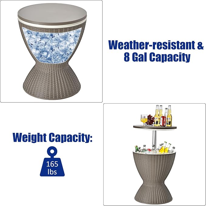 Byroce Outdoor Cooler Side Table, Patio Bar Table w/ 8 Gallon Beer & Wine Cooler, Rattan Style Pool Side & Hot Tub Table, All-Weather Cocktail Table for Parties, Backyard, Deck