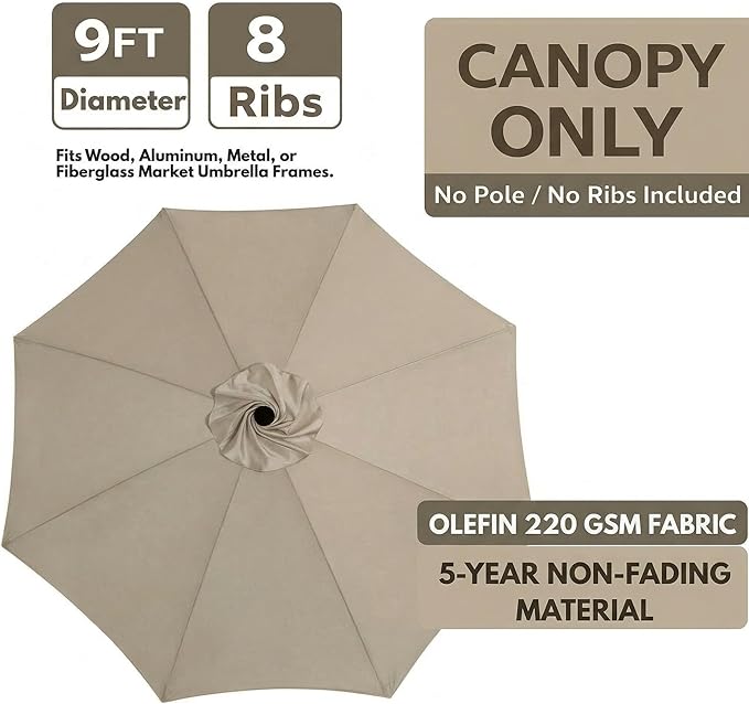 Sfmora OLEFIN 5-Year Non Fading 9ft 8Ribs Patio Umbrella Replacement Canopy, Outdoor Umbrella Canopy, Umbrella Top ONLY (Color)