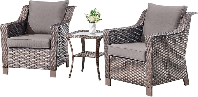 3 Pieces Patio Furniture Set-Wicker Patio Chairs Set of 2 with Tempered Glass End Table Outdoor Patio Chairs for Deck Balcony Poolside Backyard-Brown/Grey