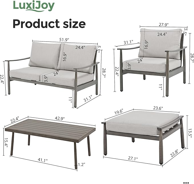 6 Pieces Aluminum Outdoor Patio Furniture Set with Coffee Table, Cushioned Loveseat and Armchairs with Ottomans, All-Weather Conversation Set for Yard Porch Deck, Greige & Grey