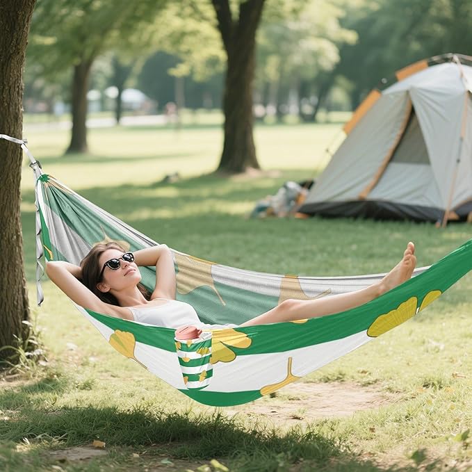 Green White Striped Ginkgo Biloba Leaf 330lb Capacity Camping Hammocks with Hanging Rope Hanging Hammock for Patio Backyard Lounge Base macas mexicanas de Patio para Adulto