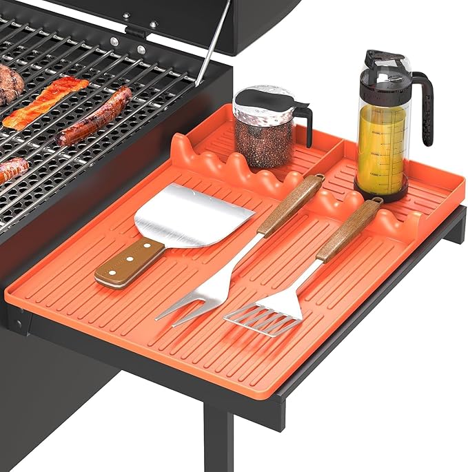 Silicone Griddle Tool Mat Compatible with Blackstone Weber - Flat Top Grill Pellet Smoker Side Shelf Spatula Mat with Drip Pad - Kitchen Cooking BBQ Grilling Accessories - Gift for Men(Orange)
