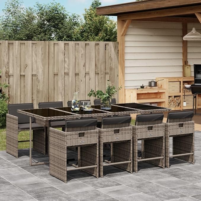 9 Piece Outdoor Dining Set, 8 Seater Patio Table and Chair Furniture with Cushions, Space Saving Cube Design, Gray Poly Rattan