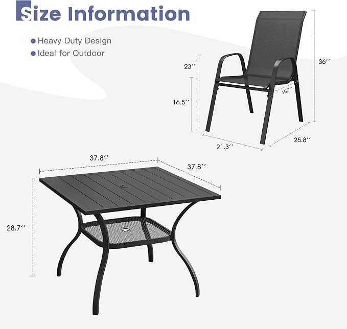 VICLLAX Square Patio Dining Set for 4, Metal Slatted Patio Table with Umbrella Hole and Stackable Patio Chairs for Deck Lawn Garden, Black Fabric and Black Tabletop