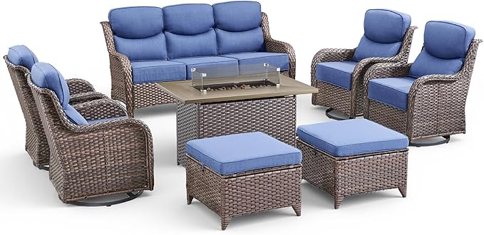 Luxury Patio Furniture Set with Fire Pit Table-8 Pieces All Weather Outdoor Swivel Rocker Chairs with Sofa and Ottomans. Outdoors Patio Conversation Sets for Porch Deck Garden(Brown/Blue)
