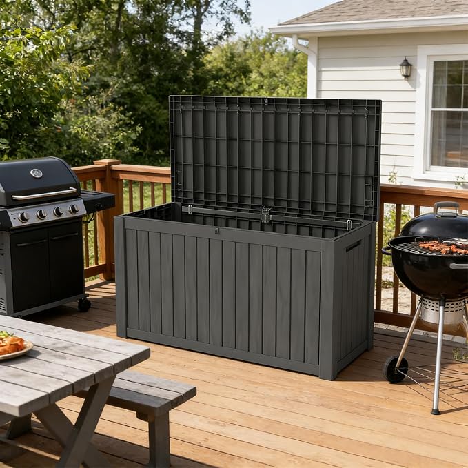 150 Gallon Outdoor Deck Boxes, IP68 Waterproof Outdoor Storage Box with Hydraulic Lid Support, Outside Resin Container for Furniture, Toy, Shoe, Garden & Patio Tools Storage -Black