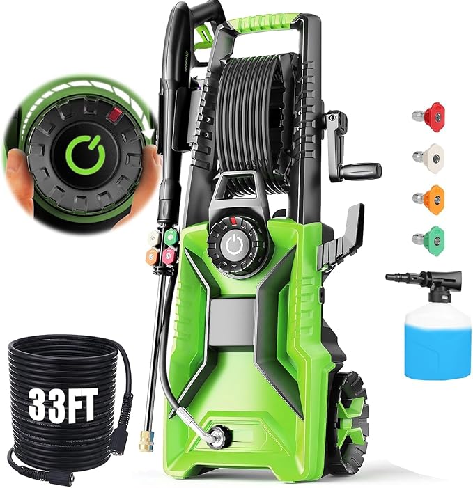 Pressure Washer 5000 PSI Adjustable Pressure, Power Wahser Powered with 33ft Pressure Hose, 4 Nozzles and 500ml Foam Cannon, Cleaner Machine for Home, Car, Green