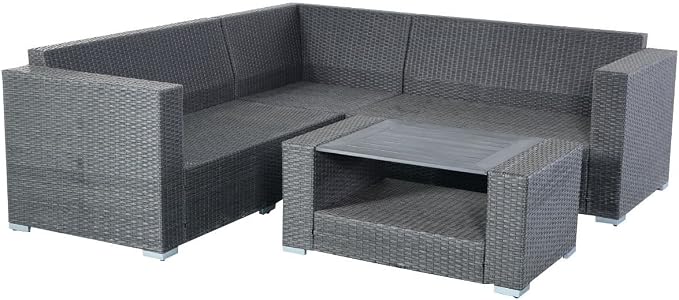 Tangkula Outdoor Furniture 4 Piece, Sectional Sofa with Coffee Table All-Weather Proof Heavy Duty Steel Frame Couch Set for Garden, Balcony, Poolside, Patio, Grey Conversation Set