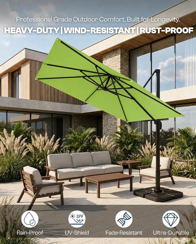 9x9 FT Square Cantilever Umbrella,Easy Tilt, Fade Resistant & 360° Rotation, Offset for Pool Deck Backyard Patioapple green (Base not Included)