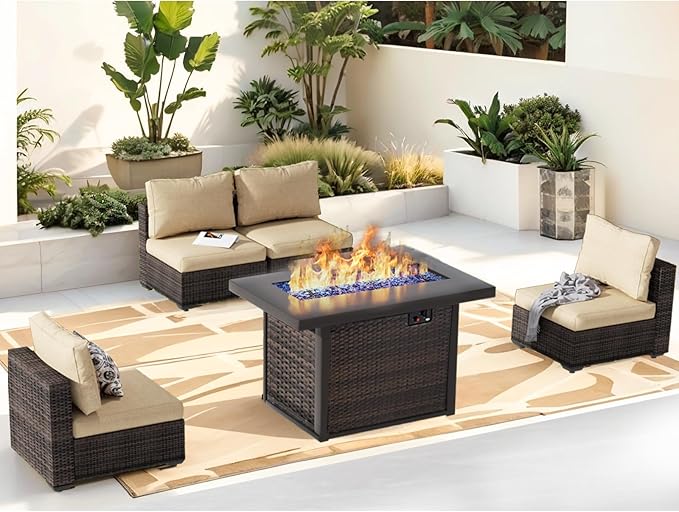 Outdoor Sectional Furniture, 5 Piece Patio Furniture Set with 42-inch Fire Wicker Propane Fire Pit Table - All Weather Wicker Rattan Sofa Conversation Set for Backyard Lawn Poolside Deck, Beige