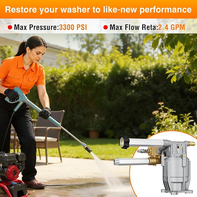Yesker 3/4" Shaft Horizontal Pressure Washer Pump 3300 PSI 2.4 GPM fit for Kohler SH270 and Honda GC160/190 Includes Inlet & Outlet Extension Tubes