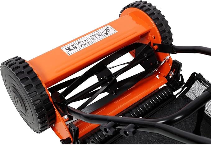 14-Inch 5-Blade Push Reel Lawn Mower with Grass Catcher, Adjustable Height 0.6-1.8 Inch, Manual Hand Push Mower with Heat-Treated Alloy Steel Blades, Gas-Free Grass Cutter, Orange