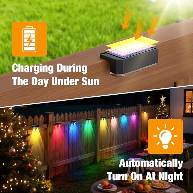 Peasur Solar Fence Lights Outdoor RGB, 2 Pack Step Light Solar Powered, Waterproof LED Deck Lights for Stairs Railing Yard Patio Outside