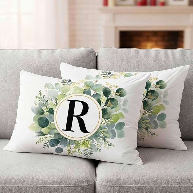 Letter R Waterproof Outdoor Pillow Covers Set of 2 Home Decor, Alphabet Green Eucalyptus Leaves Lumbar Pillowcase Patio Pillow Covers for Couch Bench Patio Furniture Garden 20x12in
