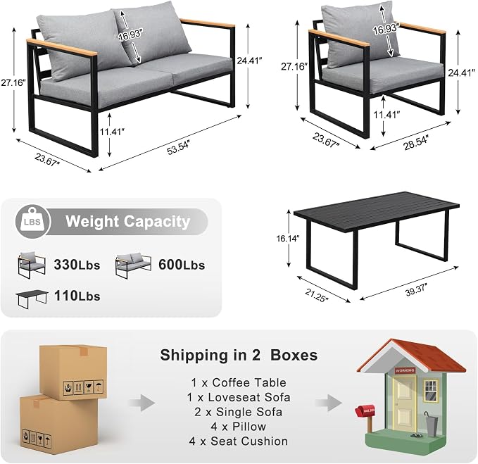 Outvita Outdoor Patio Furniture Set, 4 Pieces Patio Furniture with Coffee Table Set, Metal Conversation Sets with Wood Armrest & Removable Washable Cushions for Balcony, Deck and Poolside