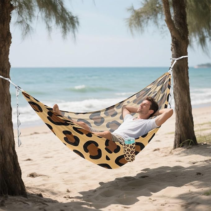 Leopard Print Outdoor Hammocks with Tree Straps Fabric Hammock for Camping & Hiking Essential