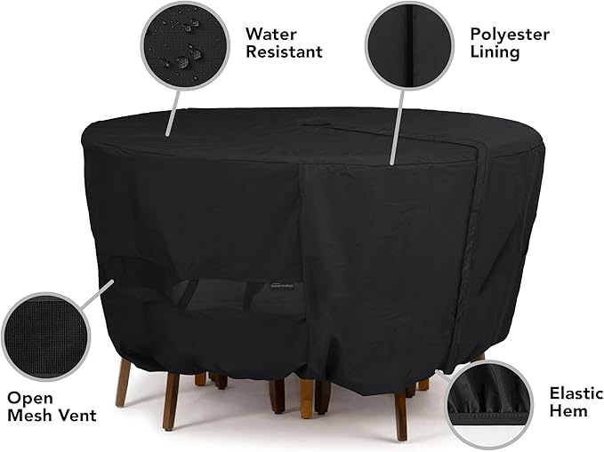 Covermates Classic Round Patio Dining Table and Chair Set Cover – All-Weather Outdoor Protection, Water-Resistant Vinyl, Elastic Hem, Mesh Vents, with Umbrella Hole 86 Diameter x 40H, Black