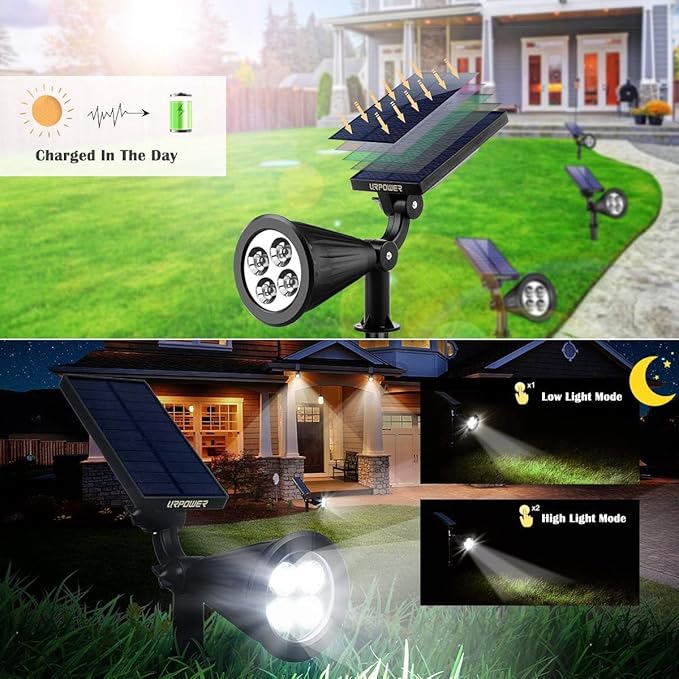 URPOWER Solar Lights Outdoor, 2-in-1 Solar Spot Lights Waterproof with 2 Lighting Modes, Adjustable Solar Powered Spotlights Auto On/Off Landscape Lights for Yard Garden Pathway, 1 Pack (Cool White)