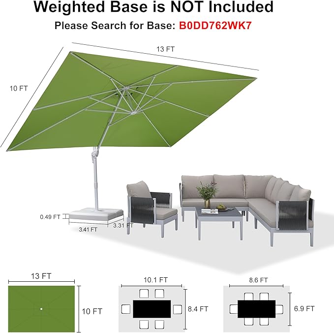 PURPLE LEAF 10' × 13' Patio Umbrella White Cantilever Umbrella Aluminum Square Outdoor Offset Umbrella Hanging Windproof with 360° Rotation for Garden Deck Pool, Green