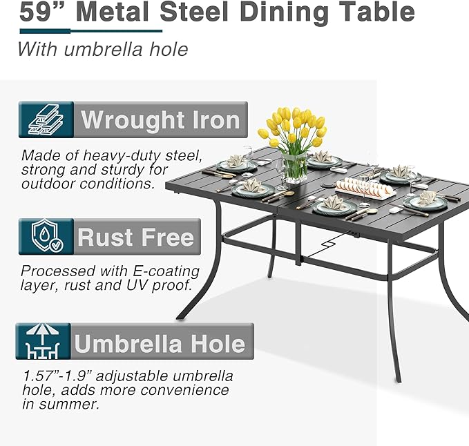 PHI VILLA 7 Piece Outdoor Dining Set for 6, 60” Rectangular Metal Steel Dining Table with Umbrella Hole & Rattan Wicker Chairs with Blue Cushions for Patio, Deck, Yard, Porch