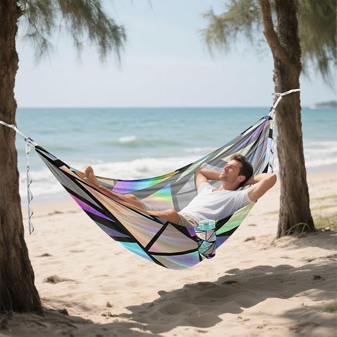 Iridescent Triangles Camping Hammock, Portable Lightweight Single Hammock with Tree Straps and Aluminum Carabiners, 114" x 54" Travel Hammock for Hiking Backpacking Beach