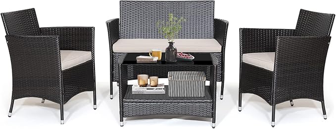 Tangkula 4 Pieces Patio Furniture Set, Patiojoy Outdoor PE Wicker Conversation Set with Soft Cushions and Tempered Glass Tabletop, Outdoor Garden Furniture Set with 2-Tier Coffee Table (Brown)