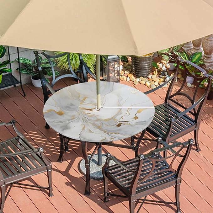 Fitted Round Tablecloth with Umbrella Hole and Zipper Marble Liquid Texture Outdoor Elastic Table Cloth 36"-44" Oil-Proof Waterproof White Gold Marble Patio Table Cover for Party Outdoor