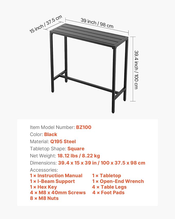 VEVOR Outdoor Bar Table, 39.4 x 15 in Patio Bar Table, Waterproof Top & Sturdy Metal Frame, Rectangle Counter Height Dining Tables, Outdoor Furniture for Balcony, Yard, Hot Tub, Poolside, Indoor