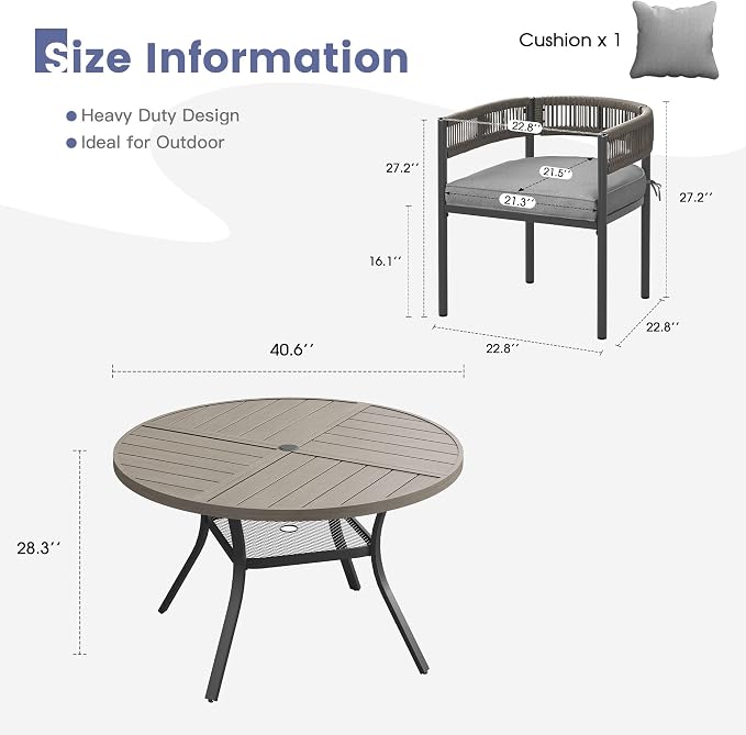 VICLLAX Patio Dining Set, 40.7" Grey Table & 4 Chairs with Grey Cushion | Outdoor Table and Chairs Set of Round Metal Patio Table, Outdoor Dining Chairs with Metal Frame, Garden Deck Porch