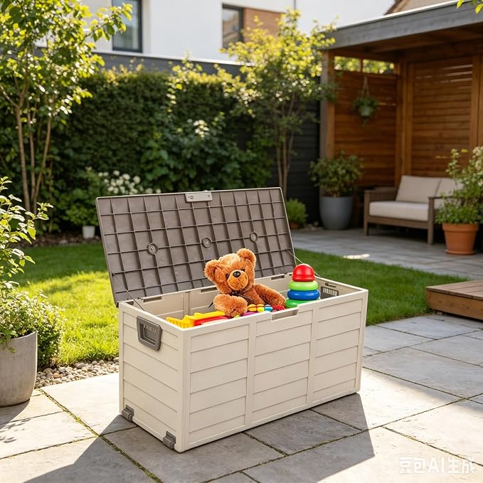 75 Gallon Waterproof Outdoor Deck Box with Wheels, Lockable Resin Patio Storage Container for Cushions, Garden Tools, Pool Accessories and Outdoor Supplies, Brown