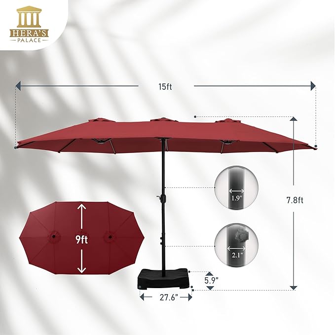 HERA'S PALACE Umbrella Patio Outdoor with Base 15ft Rectangle Table Double Market Umbrellas Clearance Large Included Stand for Deck Outside Pool Picnic Inground Yard Commercial, Burgundy