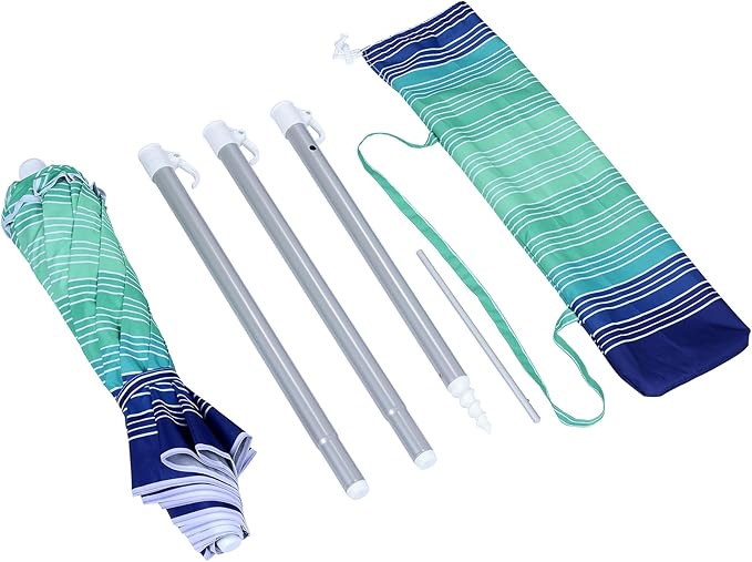 6.5ft folded Portable beach umbrella with sand anchor windproof, Push Button Tilt and Air vent UPF 50+ Protection Fits in a large Suitcase for Patio Garden Beach Pool Backyard, Blue Multi Stripe CA-1902