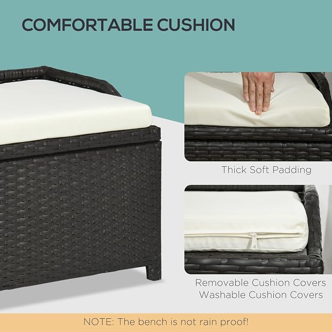 Outdoor Wicker Storage Bench Deck Box, PE Rattan Patio Furniture Pool Container Storage Bin with Interior Waterproof Bag and Comfortable Cushion, Cream White