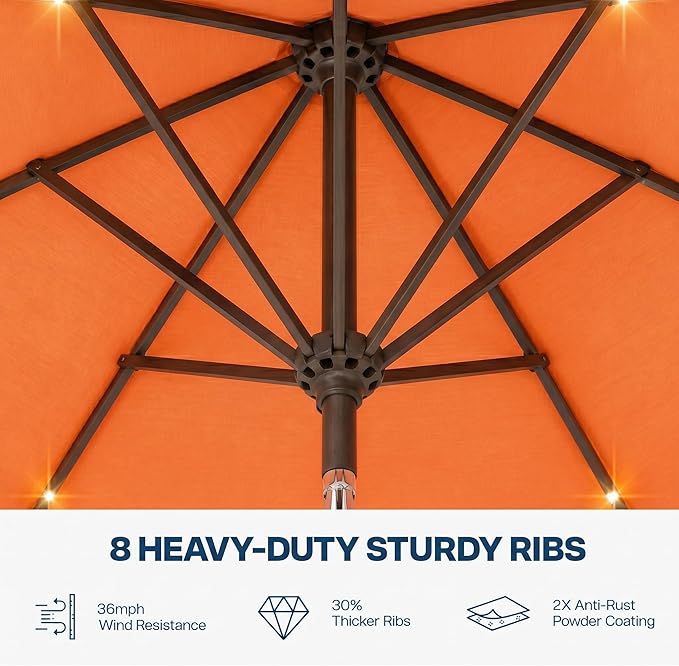 10FT Solar Patio Umbrella with Lights, Outdoor Table Market Umbrella with 32 LED Lights, 8 Sturdy Ribs, Push Button Tilt and Crank for Pool, Deck and Garden, UV-Resistant