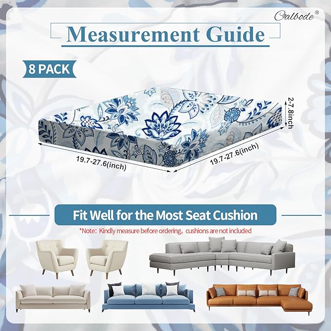 CALBODE 8pcs Floral Printed Stretchy Sofa Cushion Covers for Outdoor Furniture, Sofa Seat Replacement Cover, Flexible Chair Cushion Cover for Porch Garden Furniture Protection(Cover Only)