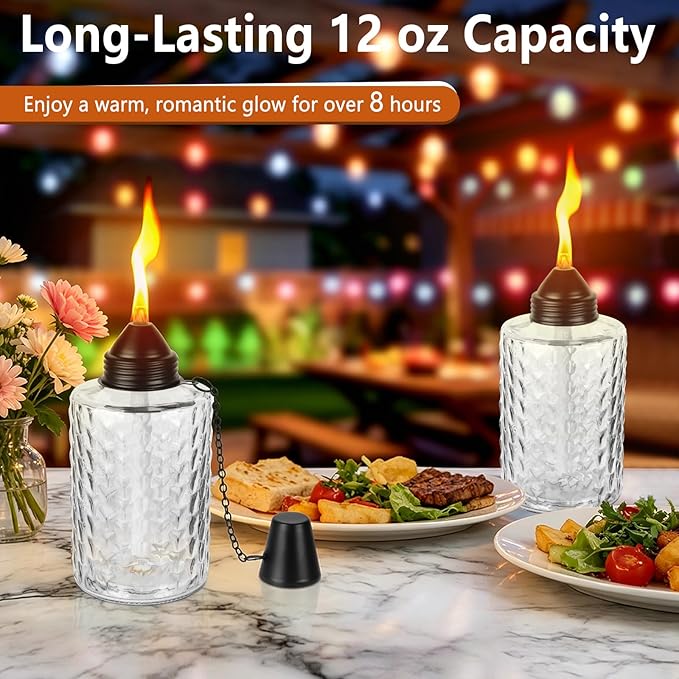 KintKita Glass Torches for Outside 4 Pack, 12oz Table Top Citronella Torch Outdoor Lighting, Refillable Tabletop Torch Includes Wick & Cap for Outside Patio & Backyard Parties Décor (White