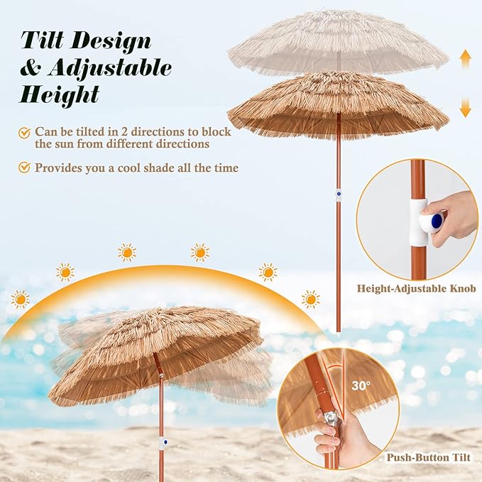 Tangkula 6FT Tiki Patio Umbrella, Hawaiian Style Thatched Market Table Umbrella with Carrying Bag, Tilt Design, 8 Ribs, Tropical Outdoor Umbrella for Beach Patio Garden Pool Backyard (1, Natural, 6 Ft)